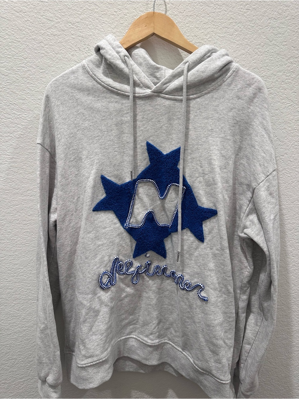 Elfric Eden Gray Hoodie Blue Applique Graphic Pullover Sweatshirt‎ Size XL